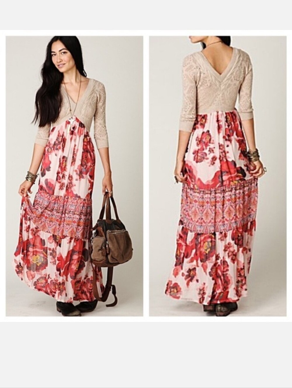 Free People Cream Crochet Top Maxi Skirt with Pink & Red Floral Print